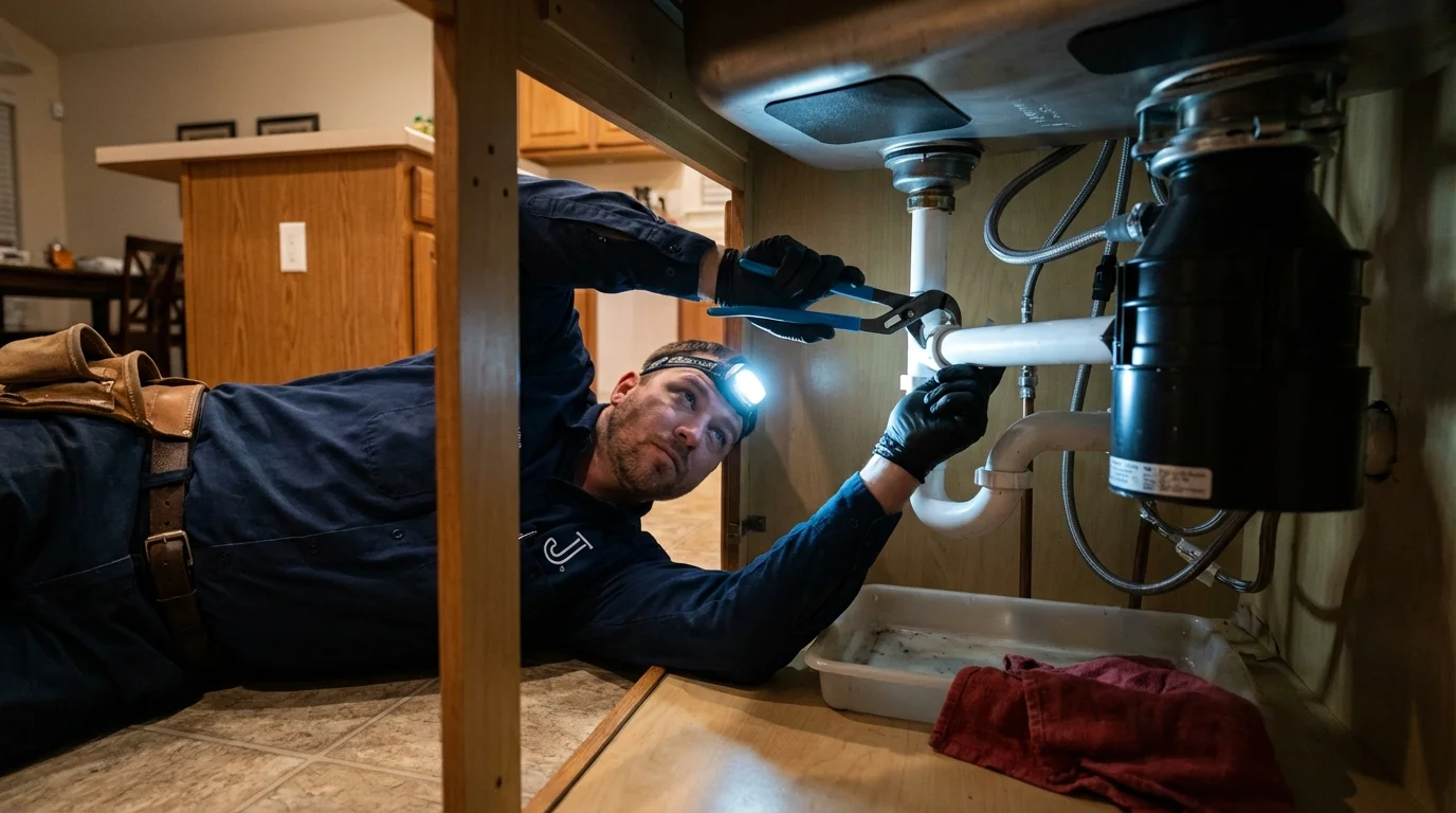 P-trap and supply line connections under a kitchen sink showing a common leak point in Columbia, KY